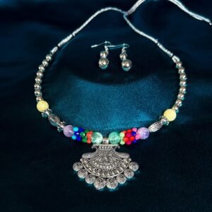 New Trending Oxidised Silver Short Necklace Antique Colorful