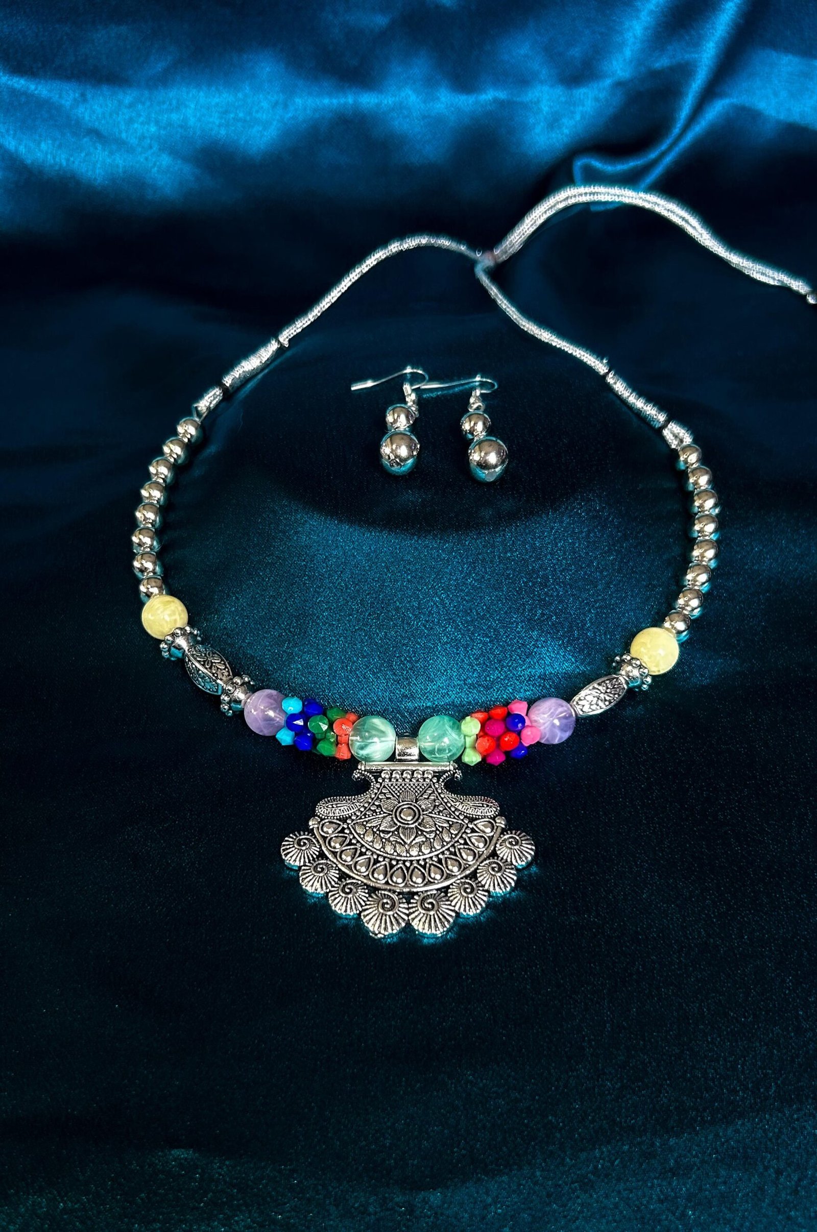 New Trending Oxidised Silver Short Necklace Antique Colorful