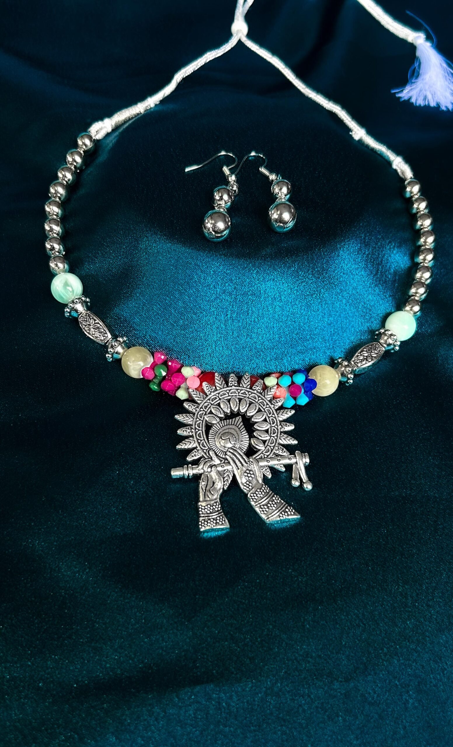 New Trending Oxidised Silver Short Necklace Antique Colorful